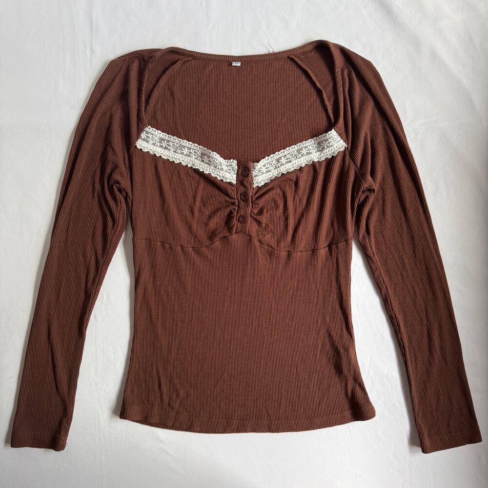 Chocolate Brown Lace Trim Ribbed Babydoll Long Sleeve Top Sz Medium Romantic